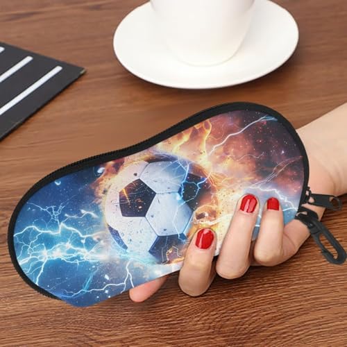 AFPANQZ Glasses Case with Carabiner Hanging Portable Neoprene Zipper Sunglasses Case Soft Lightweight - color: Flame Lightning Football