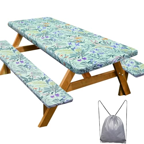 Picnic Table Cover with Bench Covers Camping Essentials Waterproof Windproof Camping Tablecloth with Drawstring Bag, Fitted Rectangle Tables and Seats, 96in, Gray Blue - color: Gray Blue, size: 96in