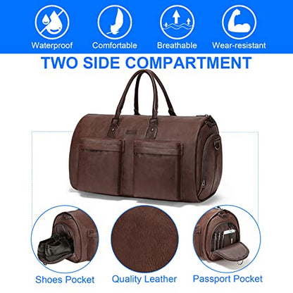 Modoker Convertible Leather Garment Bag, Carry on Garment Bags for Travel Waterproof Garment Duffel Bag Gifts for Men Women Business - 2 in 1 Hanging Suitcase Suit Travel Bags in Brown - color: A-Dark Brown