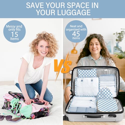 8 Set Packing Cubes for Travel, Luggage Packing Organizers Accessories Large Toiletries Bag for Clothes Shoes Cosmetics (Blue Checkered) - color: 8Set-Blue Checkered