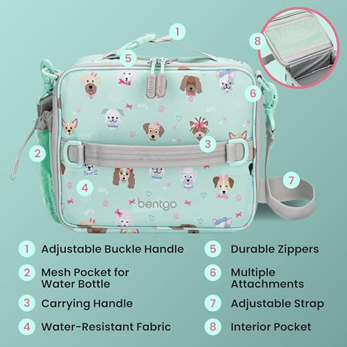 Bentgo Kids Lunch Bag - Durable, Double-Insulated Lunch Bag for Kids 3+; Holds Lunch Box, Water Bottle, & Snacks; Easy-Clean Water-Resistant Fabric & Multiple Zippered Pockets (Puppy Love) - color: Puppy Love
