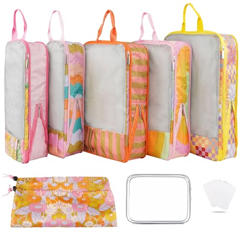 7 Pcs Compression Packing Cubes for Travel Luggage, Lightweight Suitcase Organizer Bags Set, Compression Packaging Cube for Travel Essentials, Packing Cubes for Carry on Suitcase - color: Macaron
