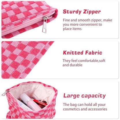 ZLFSRQ 3Pcs Makeup Bag Checkered Cosmetic Bag Set Travel Toiletry Bags for Purse Large Small Makeup Pouch for Women Cute Preppy Pencil Pouch Case Pink Zipper Skincare Bags - color: B-Checkered 3Pcs Mix Pink