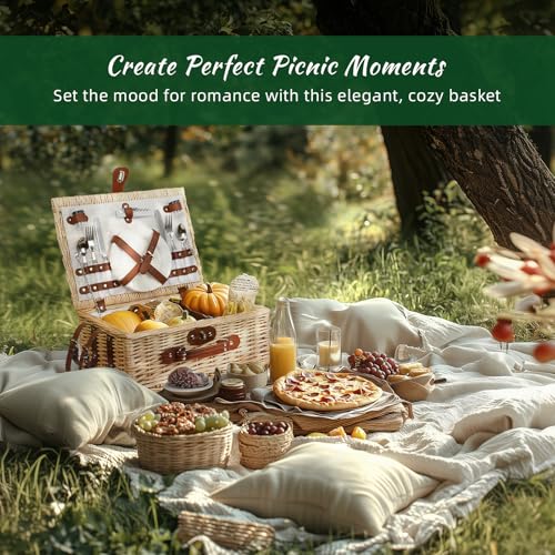 Picnic Basket for 2, Bridal Shower Gift Wedding Gifts with Mr Mrs Wine Glasses and Greeting Card, Engagement Newly Weeding Gifts for Couples 2026, Wicker Picnic Set Kit with Blanket Cooler for Beach - color: Wedding Gift Style Grey