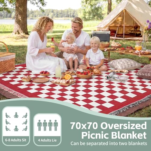 2 in 1 Extra Large Outdoor Rug Picnic Blanket Camping Mat Lightweight Oversized Giant Turkish Boho Beach Mexican Serape Cobijas Mexicanas para Mesa Park Stadium Outside Festival Grass Hammock - color: Checkered Red