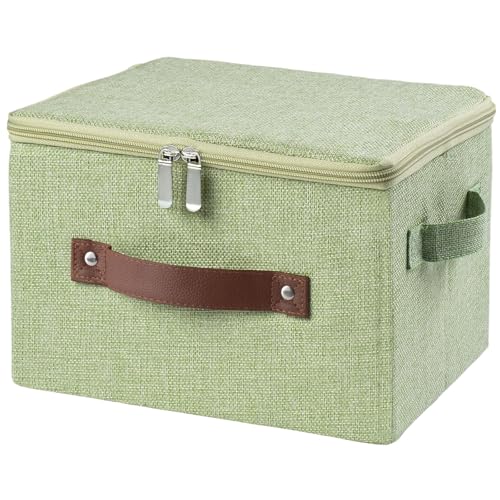 Storage Bins with Zipper Lid Foldable Fabric Lidded Storage Boxes Baskets Cubes Washable Collapsible PU Leather Handle Cotton Linen Fabric Shelf Closet Organizer Container(Green, Small Size) - color: Green, size: Small ( Set of 1 )