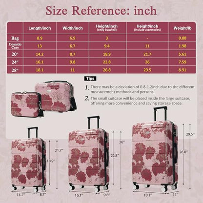 Merax Luggage Set,5 Piece Luggage with Handbag and Cosmetic Case,Harside Printing Suitcase with Wheels,Carry on Luggage Airline Approved(Purple Pink Flower,8/14/20/24/28) - color: Purple Pink Flower, style: 8/14/20/24/28
