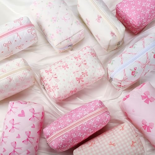Paterr 20 Pcs Cotton Quilted Makeup Bag Bulk Coquette Cosmetics Bag Flower Aesthetic Essential Pouch Emergency Travel Toiletry Cotton Pouch Gifts for Women(Pink Bow) - style: Pink Bow