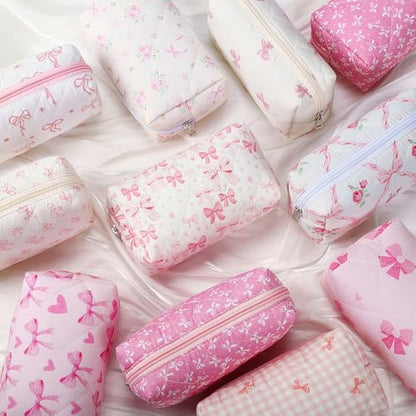 Paterr 20 Pcs Cotton Quilted Makeup Bag Bulk Coquette Cosmetics Bag Flower Aesthetic Essential Pouch Emergency Travel Toiletry Cotton Pouch Gifts for Women(Pink Bow) - style: Pink Bow