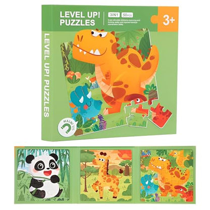 Magnetic Puzzles for Kids 3-5 Years, 3 in 1 Montessori Learning Toys with 9/16/25 PCS, Travel Activity for Toddlers Age 3-5, Preschool Puzzle Game with Animal Designs (Panda, Giraffe, Dinosaur) - color: Green