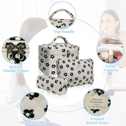 Gosect 3pc Makeup Bag Set, Quilted Makeup Bag Set, Large Floral Cosmetic Bag for Women, Cute Cotton Makeup Bags, Flower Travel Toiletry Organizer Bag (Black Flowers) - color: Black Flowers