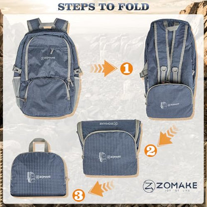 ZOMAKE Lightweight Packable Backpack 30L, Foldable Hiking Backpacks Water Resistant Compact Folding Daypack for Travel(Plaid Royal Blue) - color: Plaid Royal Blue