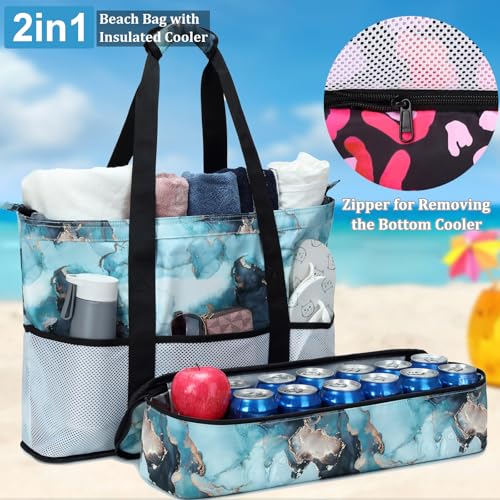 JIANYA Beach Bag Women Waterproof Sandproof Beach Tote Bags with Cooler Top Zipper Large Totes for Pool Travel Daily - color: Marble Blue