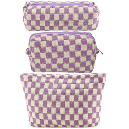 ZLFSRQ 3Pcs Checkered Makeup Bag for Women Large Small Checkered Cosmetic Bag Set Aesthetic Preppy Pencil Case Cute Pencil Pouch Purple Makeup Pouch for Purse Travel Toiletry Bags Zipper Skincare Bags - color: B-Checkered 3Pcs Mix Purple