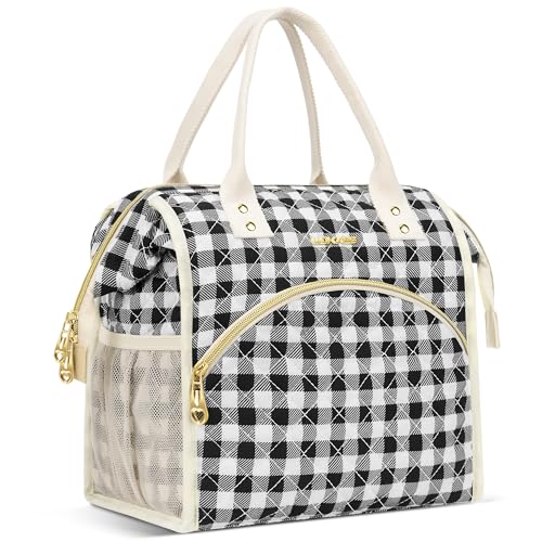 LOKASS Insulated Lunch Bag Women- Reusable 10 L Lunch Box for Women - Leakproof Tote Cooler Bag for Adults Work, Beach, Travel, Picnic （Black&White Diamond Grid） - color: Black Check