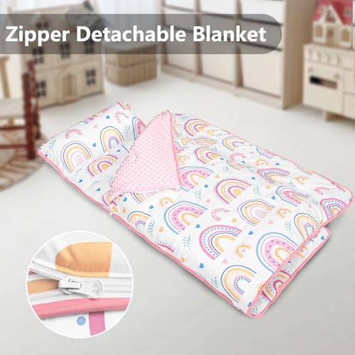 Primlect Toddler Nap Mat Extra Large Thickened 55''x35'', Soft Sleeping Bag with Detachable Minky Blanket and Pillow, Portable for Daycare, Preschool, Kindergarten, Travel, Boys and Girls - color: White Rainbow