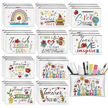 30 Pcs Teacher Appreciation Gifts Bulk Makeup Bag for Teacher Colorful Canvas Makeup Bags Reusable Women Cosmetic Pouch for Appreciation Birthday Gifts - style: Teacher