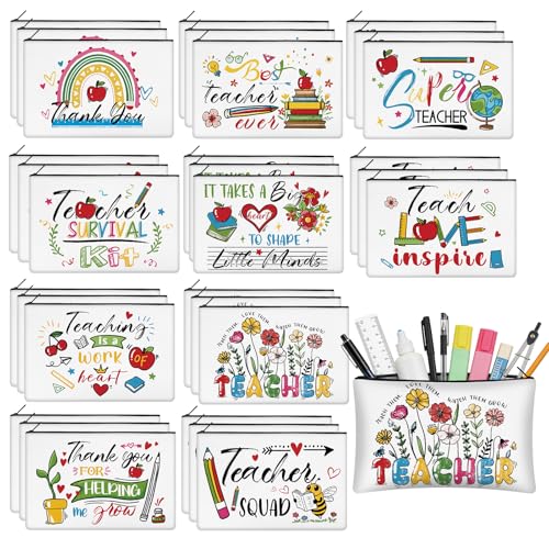 30 Pcs Teacher Appreciation Gifts Bulk Makeup Bag for Teacher Colorful Canvas Makeup Bags Reusable Women Cosmetic Pouch for Appreciation Birthday Gifts - style: Teacher
