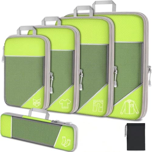 6Pcs Compression Packing Cubes Set, Waterproof Travel Luggage Organizer with Drawstring Bag, Lightweight Nylon Suitcase Storage Bags for Travel Camping Business Trip - color: Green