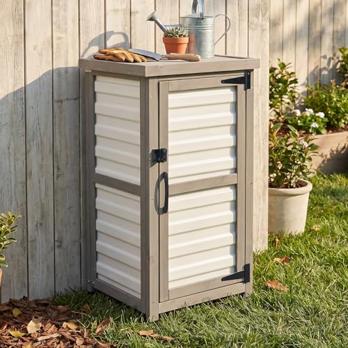 Outdoor Storage Cabinet with Metal Top, Wooden & Plastic Potting Bench & Tool Organizer, Adjustable Shelf for Patio Backyard Garden, Small Outdoor Cabinet for Tools - size: 18"L x 18"W x 33.5"H White