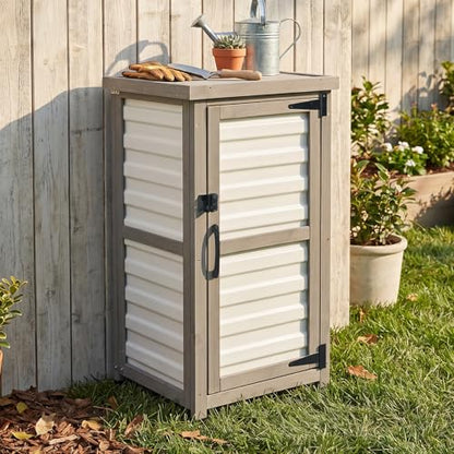 Outdoor Storage Cabinet with Metal Top, Wooden & Plastic Potting Bench & Tool Organizer, Adjustable Shelf for Patio Backyard Garden, Small Outdoor Cabinet for Tools - size: 18"L x 18"W x 33.5"H White