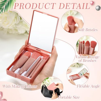 Funnymoom 12 Set Travel Makeup Brush Set Bulk with Mirror Mini Travel Makeup Brushes Thank You Cards and Organza Bag Bridesmaid Gift for Bachelorette Party Gift Wedding(Pink)