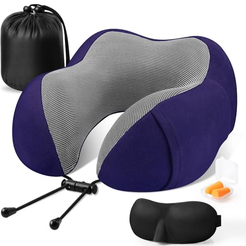 CloudBliss Travel Pillow for Airplane, Memory Foam Neck Pillow for Traveling, Flight Pillow with Eye Mask, Earplugs, Storage Bag, Compact Neck Pillow for Long Flight Travel, Travel Essentials, Navy - color: Navy