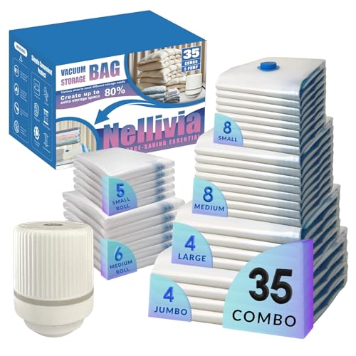 35 Pack Vacuum Storage Bags With Electric Pump, Compression Space Saver for Comforter, Bedding, Blanket Storage, Vacuum Seal Bags for Clothing, Luggage and Closet Organizer