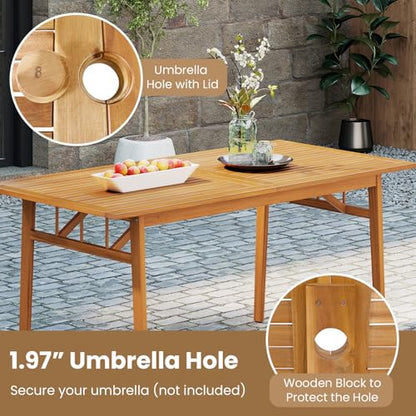 Tangkula 6 Pieces Patio Acacia Wood Dining Set, Outdoor Rectangular Table with 1.97” Umbrella Hole, Bench and Cushioned Chairs for 6, for Deck, Yard and Poolside - size: 6 pieces