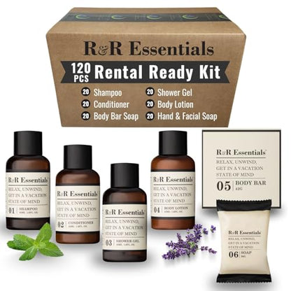 R&R Essentials Hotel Soaps and Toiletries Bundle, Vacation Home Amenities Kit - 1.5oz Shampoo, Conditioner, Shower Gel, Lotion And 2 Bar Soaps - Travel Size (120 pc) - style: Unboxed/Bulk