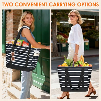 Cooler Bag Insulated, Soft Side Cooler, Reusable Grocery Bags with Zipper Closure, Thermal Leakproof Large Insulated Tote Bag for Hot/Cold Food for Grocery, Beach, Travel, Picnic - color: Black and White