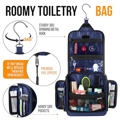 Travel Toiletry Bag for Men and Women - (10.6”x10.6”x3.2”) Large Hanging Toiletry Organizer - Waterproof Hygiene Bag with Metal XXL Swivel Hook, with Sturdy Zippers and 19 Compartments for Toiletries - color: L Navy Blue