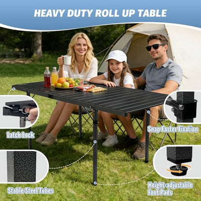 29.9" Tall Folding Camping Table for 2-6 Person, 54.7" Large Aluminum Foldable Roll-up Table Outdoor with Carry Bag for Picnic, Camp, Sturdy, Backyard, Patio - color: Black