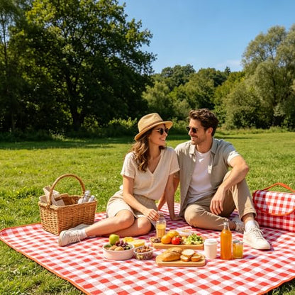 Portable Picnic Blanket, Waterproof Sandproof Foldable Outdoor Mat with Handle for Beach, Camping, Hiking, Travel, and Family Concerts, Red - color: Red
