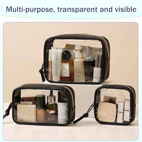 3-Piece Travel Makeup Bag Clear Waterproof Toiletry Bag Set Large, Medium Small Sizes Travel Toiletry Organizer Pouch Cosmetic Storage for Bathroom (Black)
