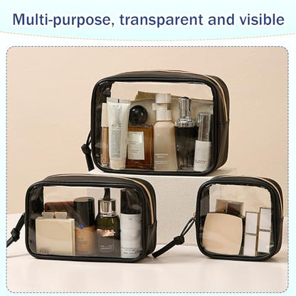 3-Piece Travel Makeup Bag Clear Waterproof Toiletry Bag Set Large, Medium Small Sizes Travel Toiletry Organizer Pouch Cosmetic Storage for Bathroom (Black)