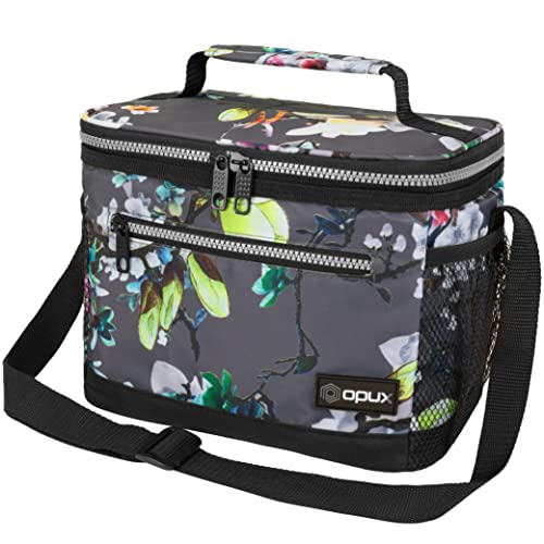 opux Insulated Lunch Box Men Women, Lunch Bag for Work School, Leakproof Soft Cooler Tote Adult, Large Lunch Pail Kids Boys Girls, Picnic Beach Food Bag with Shoulder Strap, Grey Floral - color: Grey Flowers, size: Medium
