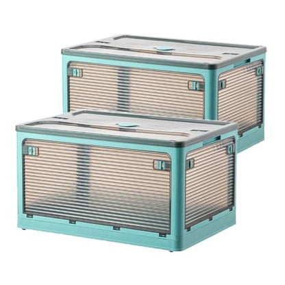 Folding Storage Bins, 50 Liters, 2 Pcs Blue plastic Storage Containers with Wheels, Double Doors, Foldable, Stackable, Plastic Box with Lids for Organization, Storage Cart