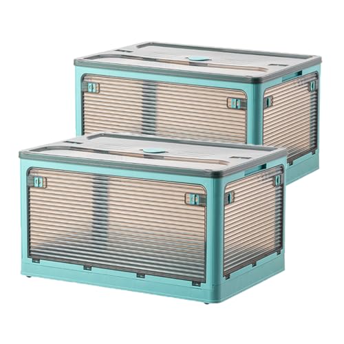 Folding Storage Bins, 50 Liters, 2 Pcs Blue plastic Storage Containers with Wheels, Double Doors, Foldable, Stackable, Plastic Box with Lids for Organization, Storage Cart
