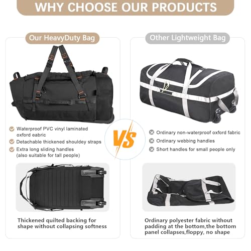 86L Collapsible Wheeled Luggage With Removable Backpack Straps,Waterproof Rolling Duffle Bag with Quilted Base (Black)