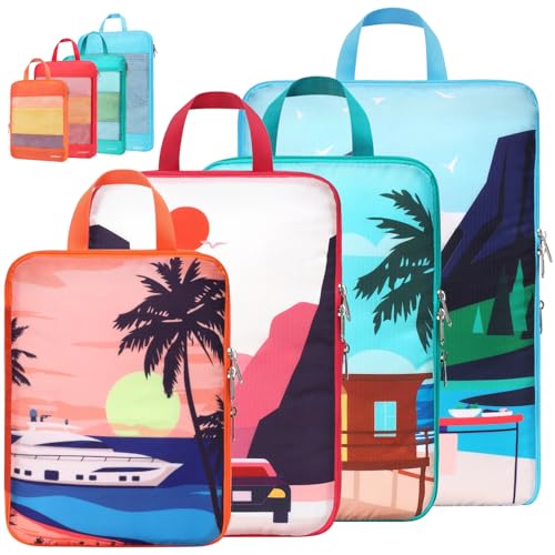 Cambond See Through Mesh Compression Packing Cubes for Travel Women - 4 Set Compression Cubes for Travel, Lightweight Expandable Packing Organizers for Luggage Suitcases, Tourist Landscape - color: 01 Lovely Tourist Landscape, size: 4-Piece Set (Weekend/S