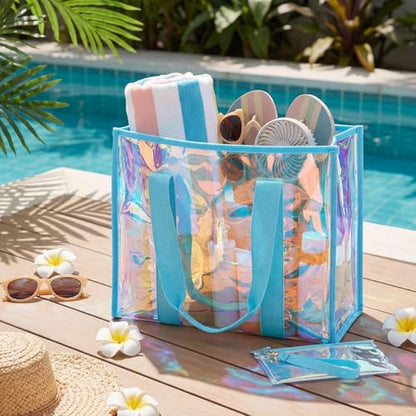 Hsei 6 Pcs Clear Iridescent Beach Bag with Phone Pouch for Women Beach Travel Large Waterproof Tote Bags for Vacation Picnic - color: Iridescent Blue