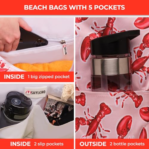 Beach Bag and Pool Bag Has Cooler Pocket, 7 Pockets Total, Zip Top. Family Size Waterproof Beach Tote - color: Lobsters