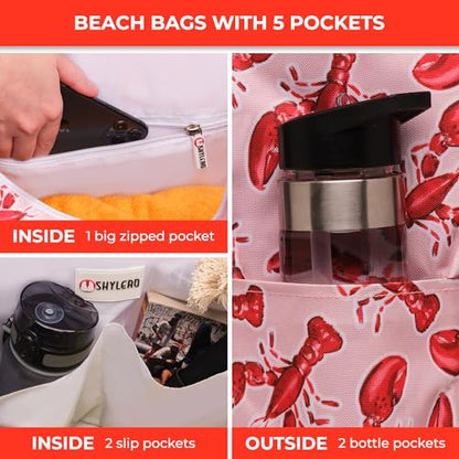 Beach Bag and Pool Bag Has Cooler Pocket, 7 Pockets Total, Zip Top. Family Size Waterproof Beach Tote - color: Lobsters