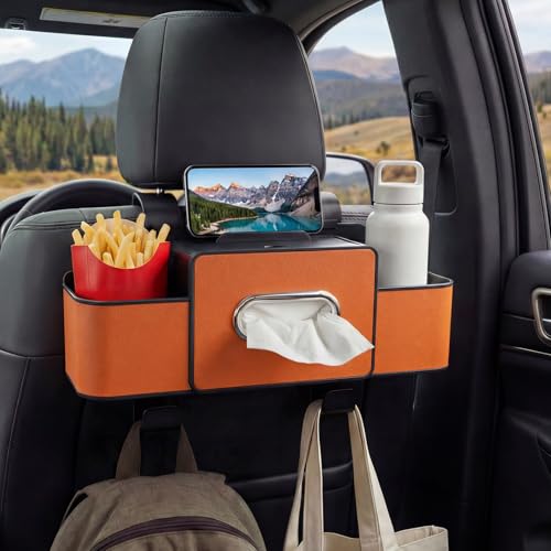 Backseat Car Organizer, 4 in 1 Multifunctional Car Back Seat Storage Organizer with Tissue Box, 2 Cup Holders, Phone Stand and Hooks, Automotive Seat Back Organizers (Orange) - color: Orange