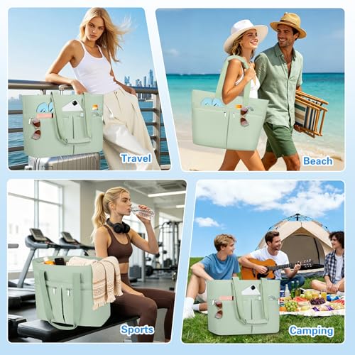 HUANLANG Large Beach Bags for Women Pool Bag with Zipper, Waterproof Sandproof Beach Tote Travel Bag with Wet Pocket - color: Green
