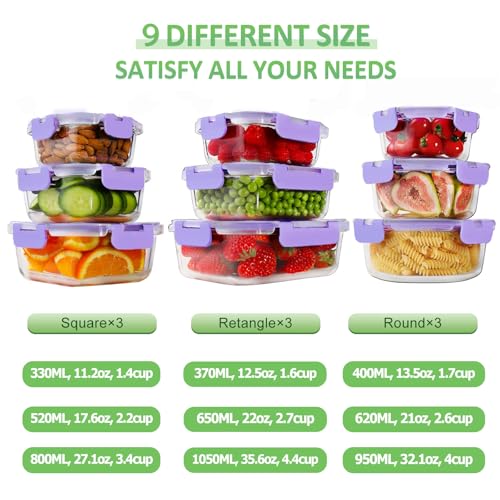 HOMBERKING Glass Food Storage Containers with Lids, 18 Piece Meal Prep Containers, Airtight Lunch Bento Boxes, BPA-Free & Leak Proof (9 Lids & 9 Containers) - Purple - color: Purple