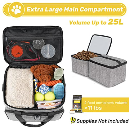 6 Set Dog Travel Bag, Large Pet Travel Kit for Supplies Includes 2 Food Containers, 1 Pet Organizer for Dogs, 2 Collapsible Bowls, 1 Treat Pouch, Dog Weekend Overnight Bag Luggage - color: Grey