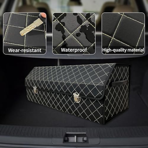 Car Trunk Organizer with Lid,Foldable Faux Leather Cargo Storage Box,3 Compartments,Collapsible Multi-Functional for SUV,Sedan,Vehicle Trunk - color: Black Grid, size: Large