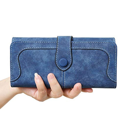 Women's Vegan Leather 17 Card Slots Card Holder Long Big Bifold Wallet - color: Navy